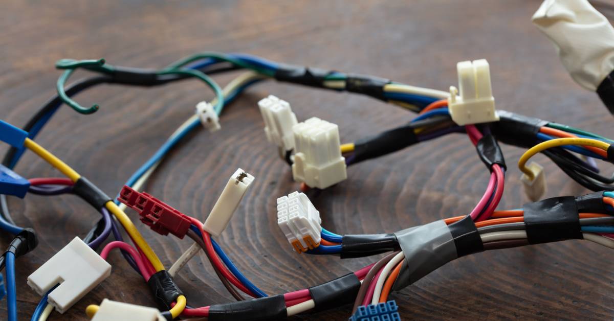 Various square and rectangular pin connectors are connected to red, blue, white, and yellow wires on a wood surface.