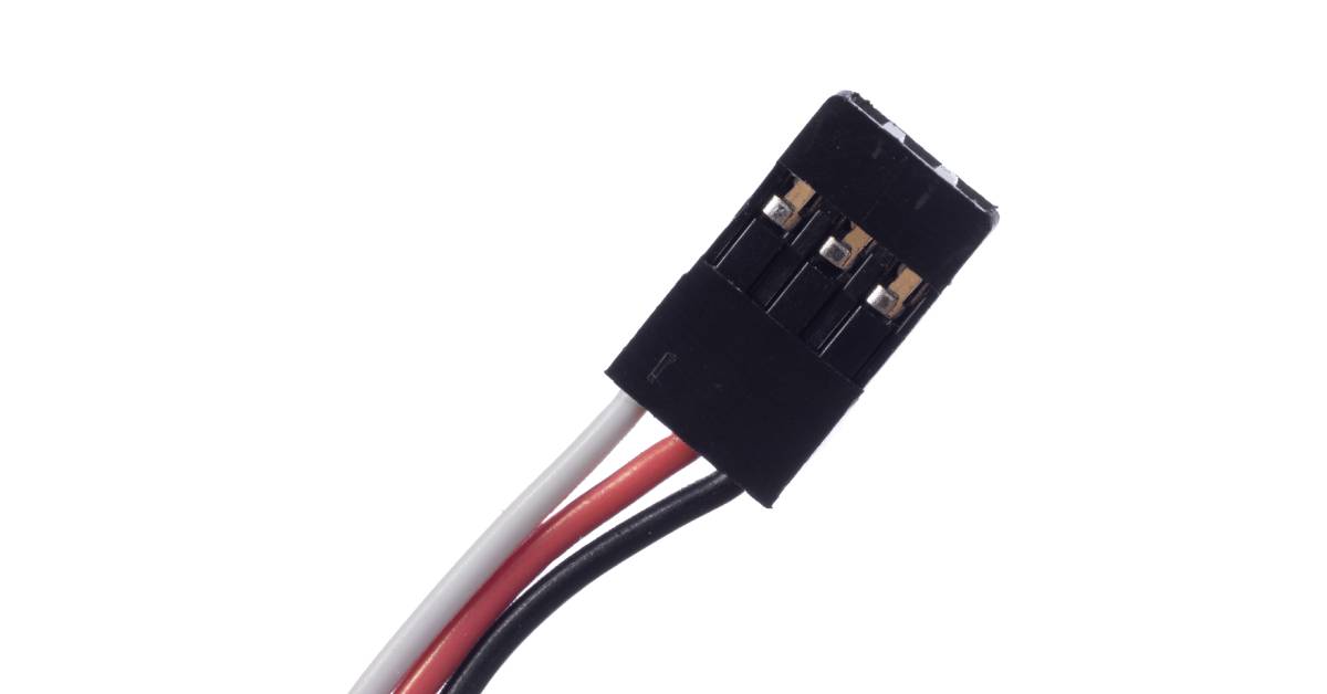 A flat, black, rectangular 3-pin connector has white, red, and black wires connected to it on a white background.