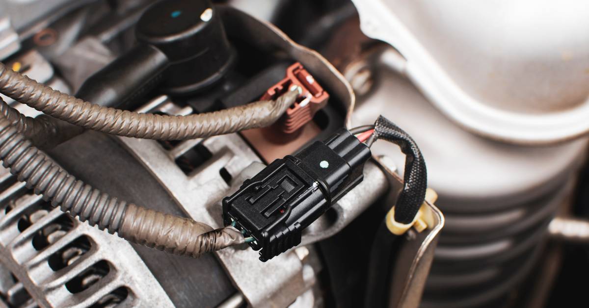 Two interlocked connectors attached to a vehicle's engine. There is some insulation wrapped around the connecting wires.