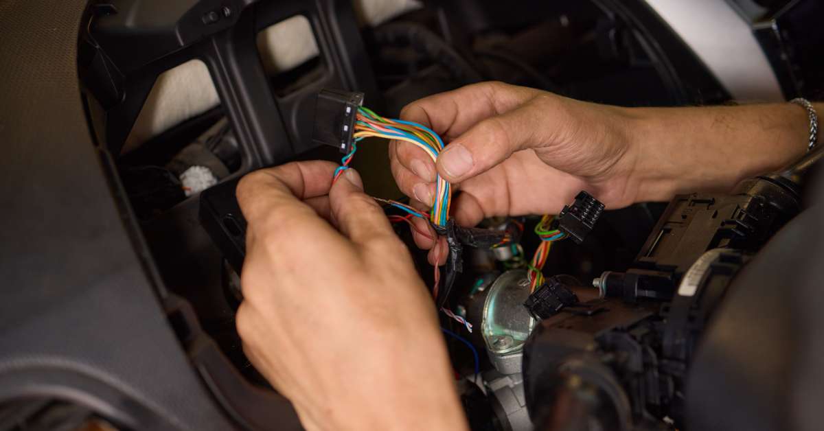 A pair of hands working with a connector on a car. The colorful wires are coming out from the console behind the steering wheel.