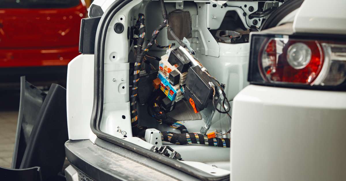 The open hatchback of a silver SUV revealing a large part of the vehicle's electrical system. Many colored wires all lead to a series of connectors.