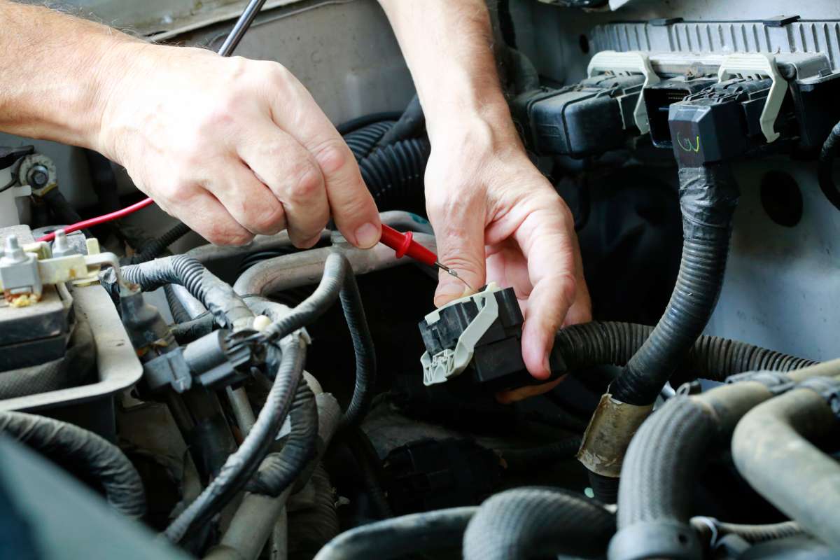 A pair of hands uses a red screwdriver to tighten down a large electrical connector to the inner wirings of a vehicle's engine.