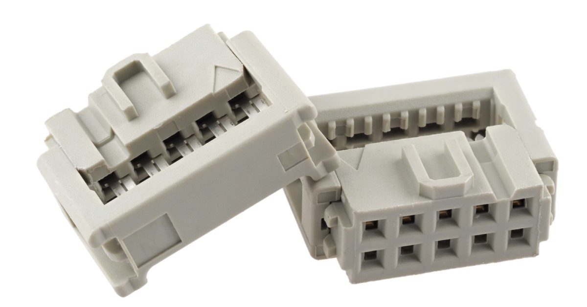 A pair of light gray 10-pin connectors is transposed against a pure white background to show them off.