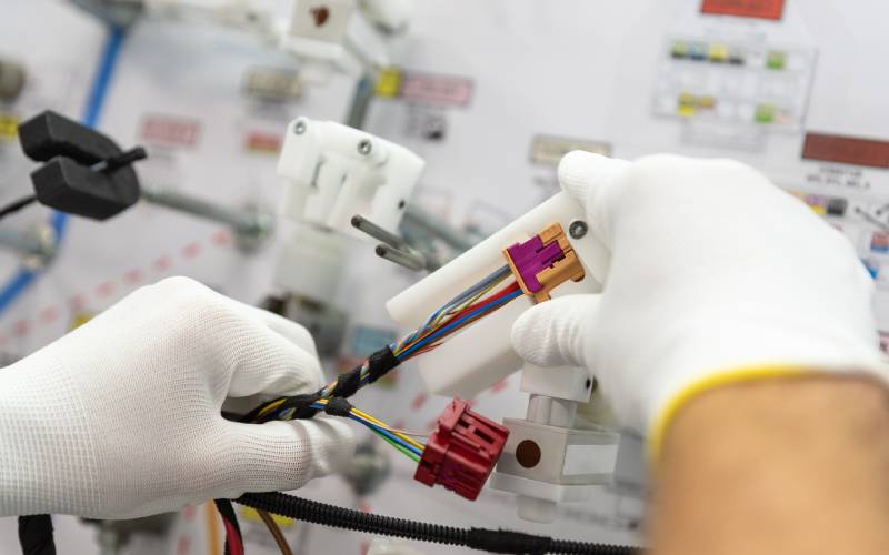 A pair of gloved hands is working on a bundle of multi-colored wires attached to an electrical connector.