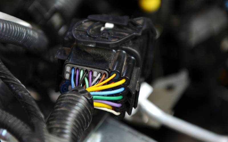 Several colorful wires feeding into a large black connector. The wires are held together with a ridged black casing.
