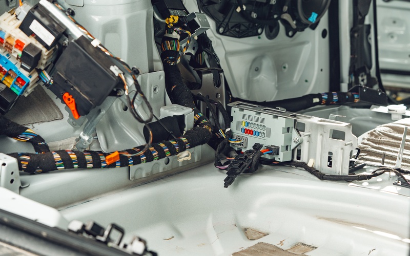 The interior of a white vehicle’s electrical system with many colorful wires bound together with black tape.