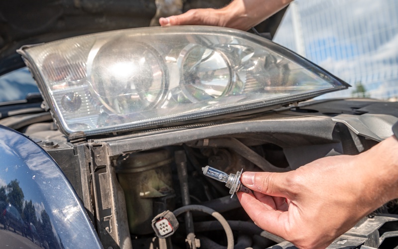 A person holds a small light bulb in one hand and the cover of a car’s headlight in the other.