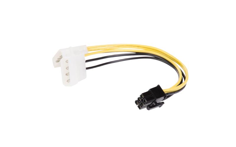 A 6-pin wire connector with black plastic on one end and white plastic on the other, with black and yellow wires between them.