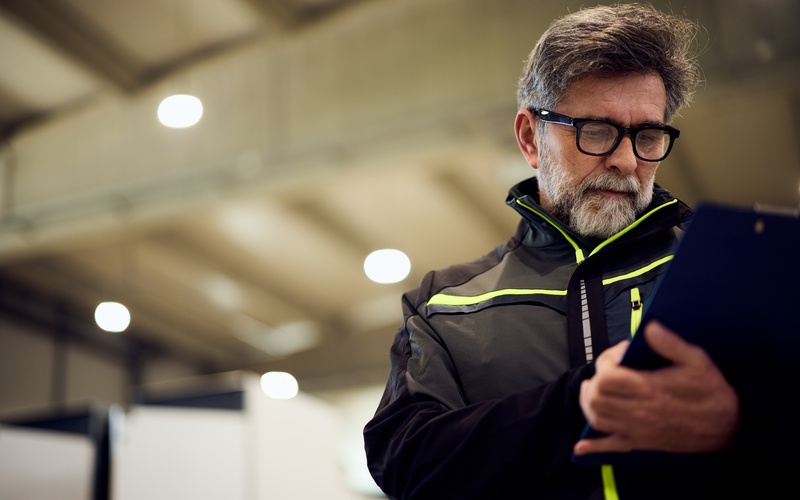 A bearded man in a black and yellow jacket and glasses looks at a clipboard in a manufacturing center.