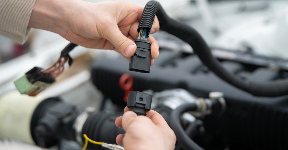 A person in a brightly lit room disconnecting long, black automotive connectors inside a modern car.