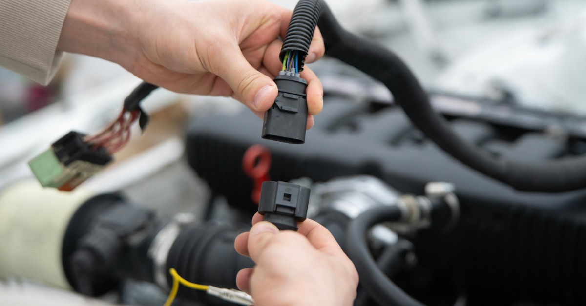 A person using their bare hands to hold two black automotive connectors with colorful wires attached to them.