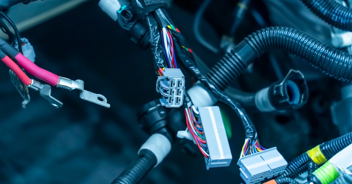 Several automotive connectors inside a car. The automotive connectors are attached to wires in many different colors.