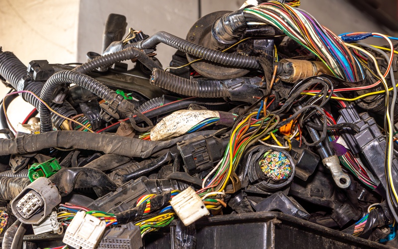 A pile of dirty automotive connectors in a brightly lit space. The connectors are covered in dirt, grime, and cuts.