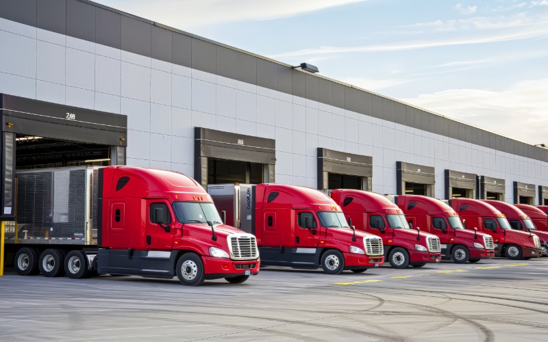A fleet of eight bright red commercial semi-trucks parked outside. The trucks are backed up to a large warehouse.