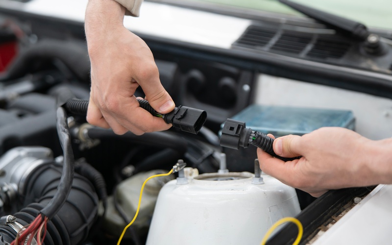 A pair of hands connecting two ends of an automotive connector together over a car engine in a workshop area.