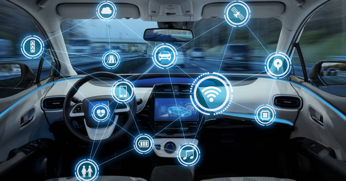 The cockpit of a car with a network of depictions of electrical systems for wi-fi, music, GPS, and crash detection.